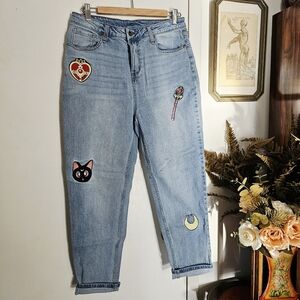 Sailor Moon Embroidered Light Blue High Rise Mom Jeans